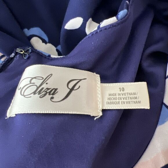 Eliza J Dress Women 10 Blue White Floral Allover Print Cap Sleeve Sheath Stretc - Picture 5 of 14